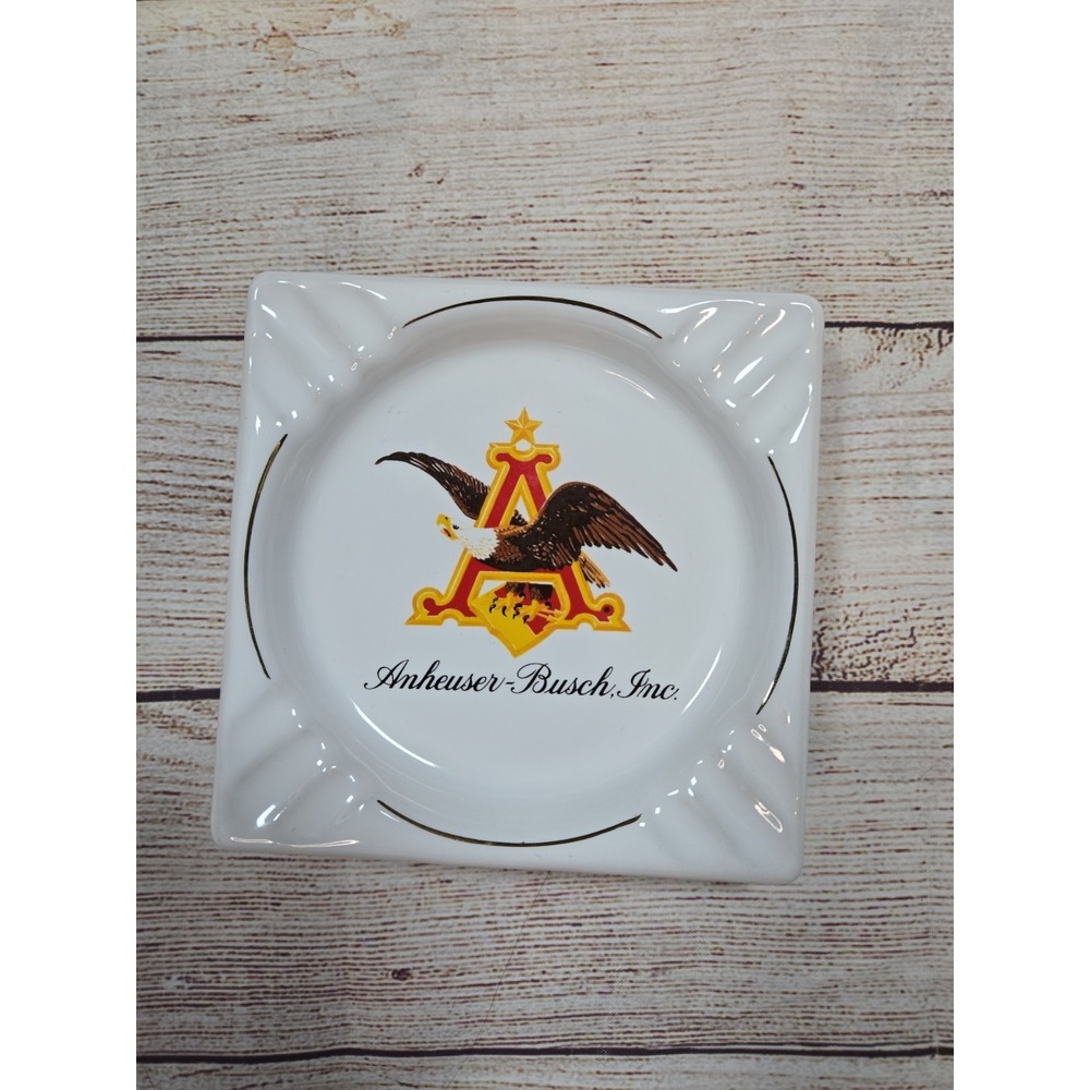 Vintage White Anheuser-Busch Ashtray W/Eagle & A logo  Beer  Collectible